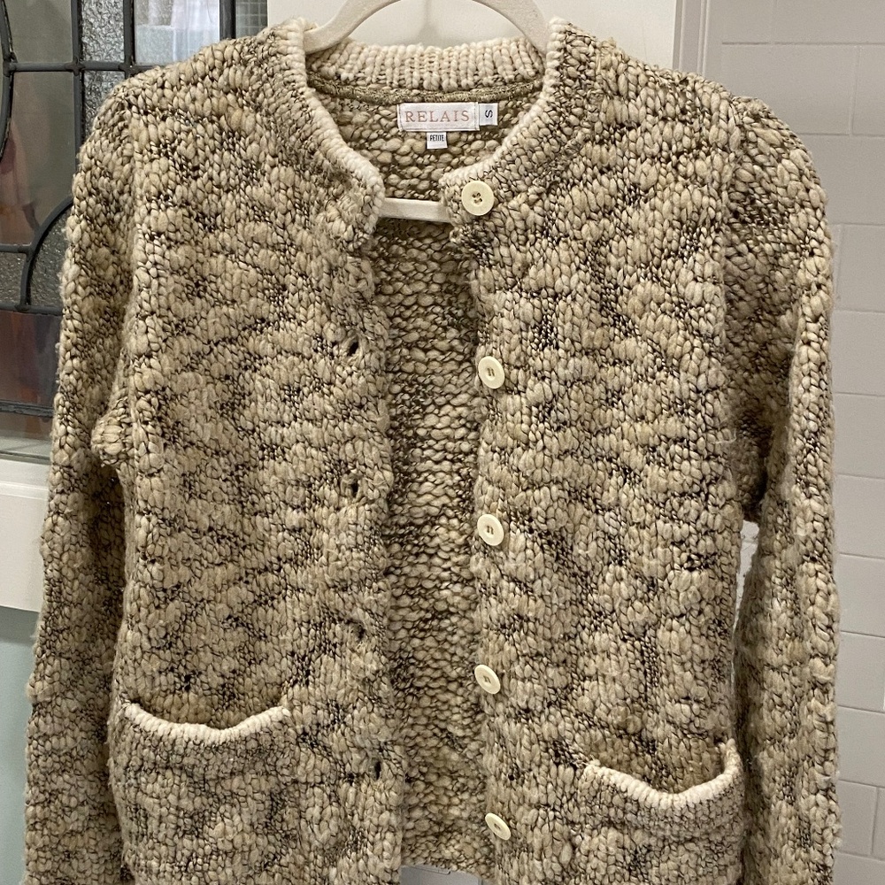 Vintage 1990s Relais Chunky Cardigan Knit Sweater (taupe/ivory/black)